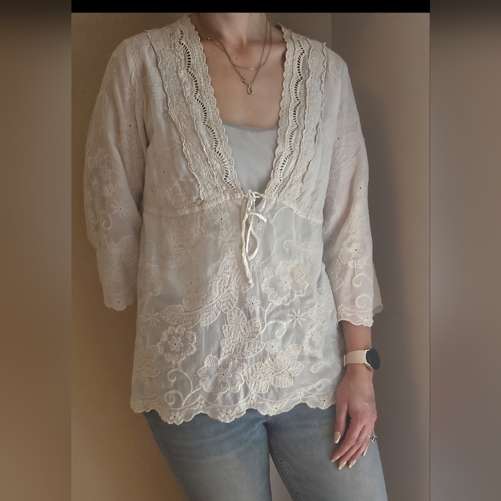 Johnny Was Cream Embroidered Lace Peasant Blouse